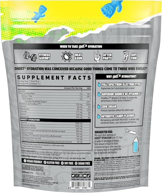 GHOST Hydration Packets, Sour Patch Kids Blue Raspberry, 12 Sticks, Electrolyte Powder - Drink Mix Supplement with Magnesium, Potassium, Calcium, Vitamin C - Vegan, Free of Soy, Sugar & Gluten