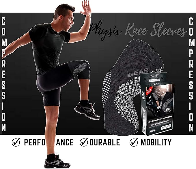 Physix Gear Knee Compression Sleeve for Men & Women - Best Compression Knee Brace for Walking, Running, Gym, Basketball, Weightlifting,Workout, Sports - Knee sleeves Support Compression & Stability