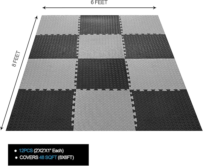 1 in Thick 48 Sq Ft EVA Foam Exercise Gym Mats 12 Pcs - Interlocking Puzzle Floor Tiles for Home Gym Heavy Workout Equipment Flooring - 24 x 24in Tile, Black & Gray
