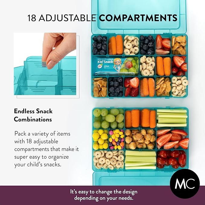 Large Kids Snack Box Containers Set of 2 -100 Labels, BPA-Free, Adjustable Compartments, Dishwasher Safe, Reusable Tray, Food Grade, Meal Prep Container, PARENT TESTED PARENT APPROVED AWARD (Blue)