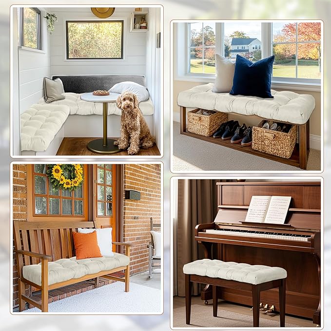 2 Pack Outdoor Bench Cushion Patio Waterproof Porch Swing Cushions Tufted Memory Foam Bench Seat Pads Thicken Non Slip for Outside Indoor Garden Furniture Wicker Loveseat Settee(Beige,42x16 Inch)