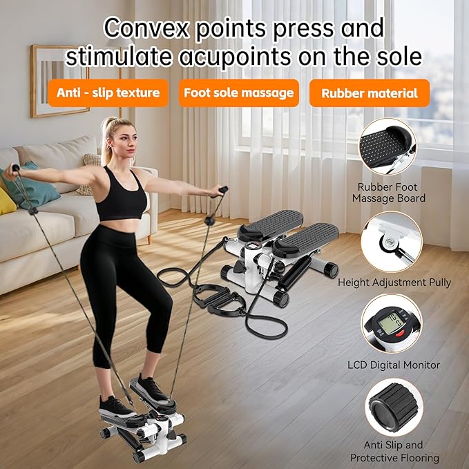 Steppers for Exercise at Home, Mini Stepper with Resistance Bands - Quiet, Portable Stair Stepper for Buttocks Lifting, Body Shaping & Cardio Workouts, Compact Fitness Stepper for Small Spaces