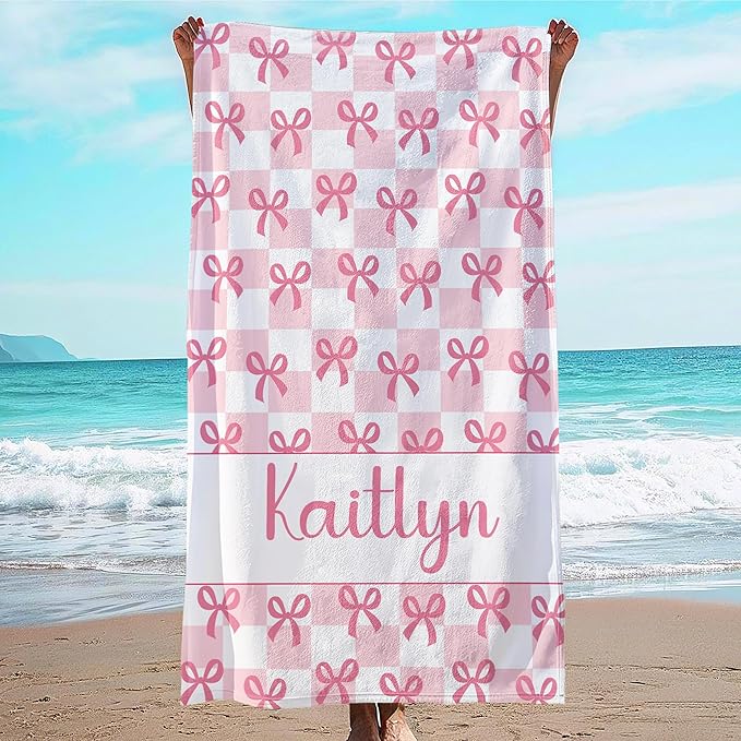 JML Personalized Beach Towel with Name, Custom Beach Towel with Text, Customized Bow Microfiber Pool Towel, Quick Dry & Absorbent Swim Towel for Adult,Anniversary, Birthday, Summer Holiday,Vacation