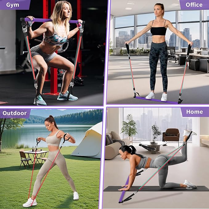 Portable Pilates Bar Kit with Resistance Bands for Men and Women - 3 Set Exercise Resistance Bands - Multifunctional Home Gym - Supports Full-Body Workouts – with Fitness Poster and Video