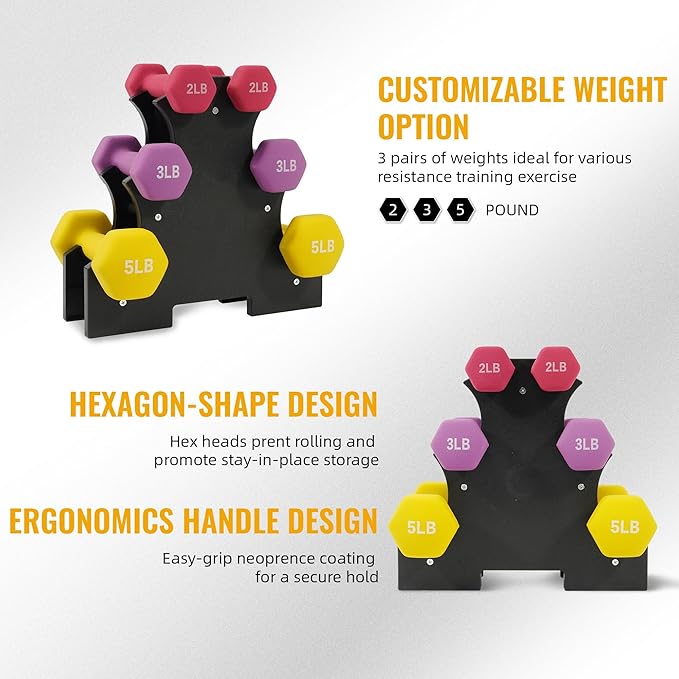 Colored Neoprene Dumbbell Set with Rack, Multiple Weight Options, 20LBS, 32LBS, 50LBS and 56LBS Sets