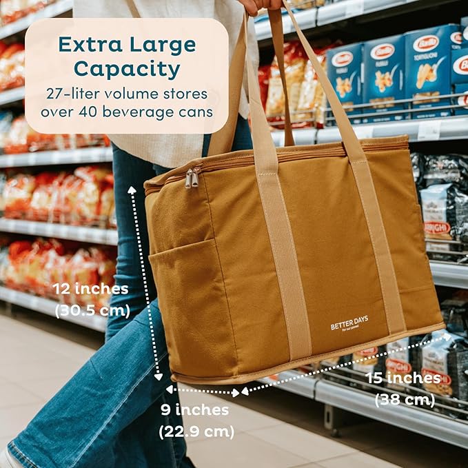 Nook Theory Reusable Insulated Grocery Bag - Leak Proof, X Large Insulated Cooler Bag - Insulated Shopping Bags for Groceries - Travel Cooler Bag for Frozen and Hot Food with Zippered Top (Jute)