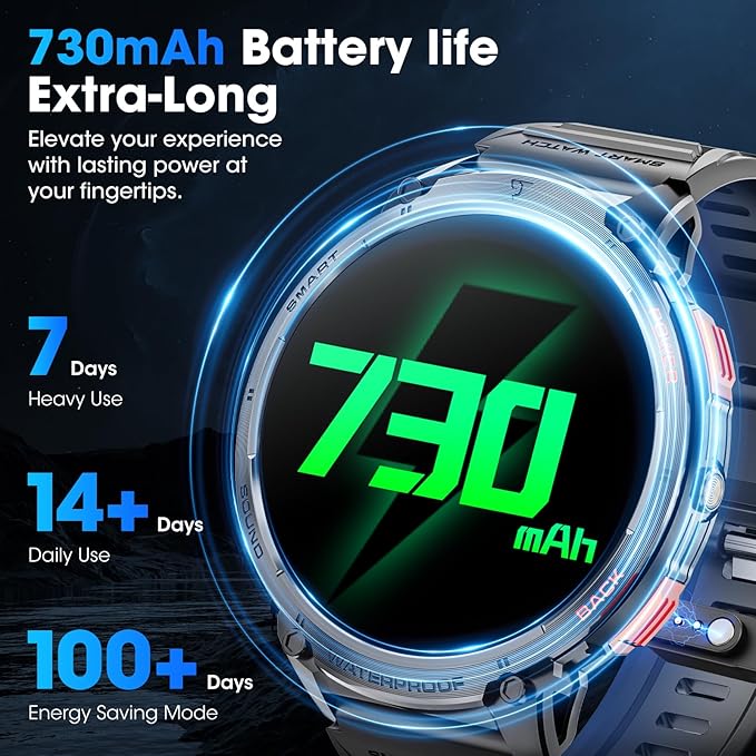 Military Smart Watch for Men 1.85" HD Touch Screen 730mAh Battery Smart Watches with LED Flashlight for Android iOS (Bluetooth Call Answer/Dial Calls) Fitness Tracker with Heart Rate Blood