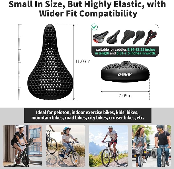 DAWAY Comfortable Bike Seat Cover - Silicone Gel & Memory Foam Padded Bike Seat Cushion for Men Women - Soft Bicycle Saddle Cover for Peloton, Stationary Exercise, Mountain Road Bikes - XL/Large/Small