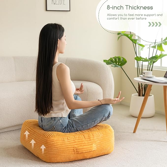 8" Washable Floor Pillow Cushion for Adults, Meditation Cushion Pillow, Large Square Floor Sitting, Removable Tufted Corduroy Cover, for Tatami Living Room or Yoga, 22x22 Inch, Machine Washable