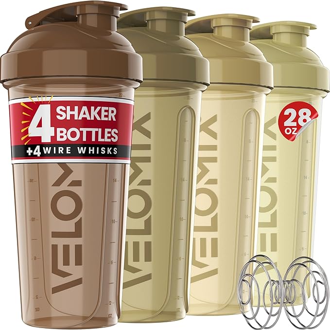 -4 PACK- 28 oz Protein Shaker Bottle for Protein Mixes - 4x Wire Whisk | Leak Proof Shaker Cups for Protein Shakes | Protein Shaker Bottle Pack | Protein Shake Cup (Brown)