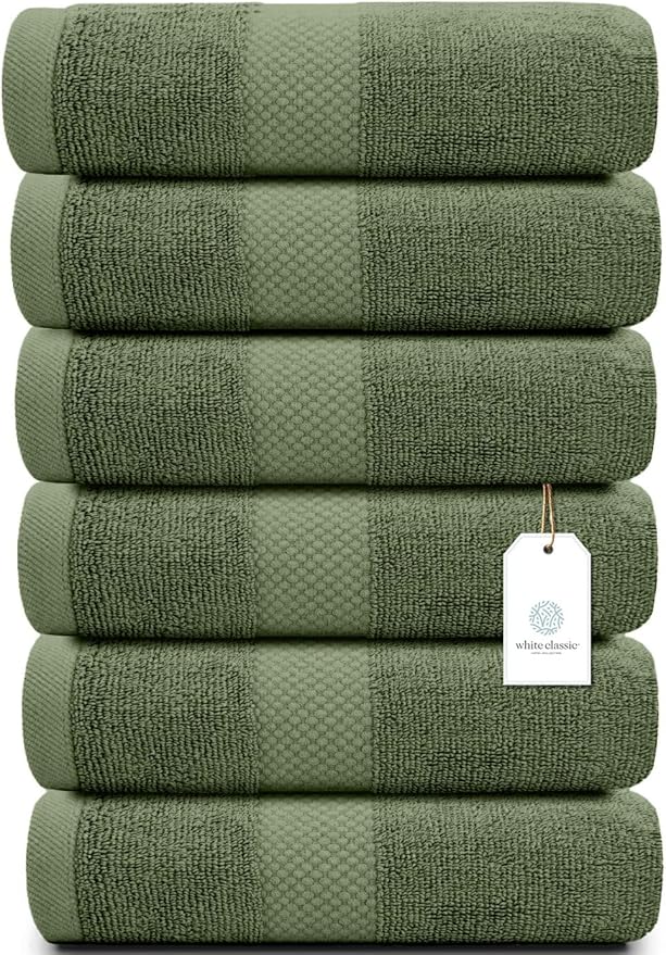 White Classic Luxury Hand Towels for Bathroom-Hotel-Spa-Kitchen-Set - Circlet Egyptian Cotton - 16x30 Inches - Set of 6 (Forest Green)