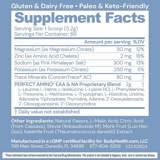 BodyHealth PerfectAmino Electrolytes Powder No Sugar, Hydration Fasting Keto Zero Sugar Electrolytes Drink Mix with Trace Minerals - NSF Certified for Sport - Watermelon - 66 Servings