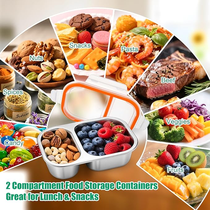 Palksky Lunch Containers Meal Prep Containers Stainless Steel, 2 Compartment Food Storage Containers with Leak-Proof Lids, Reusable Airtight Bento lunch Boxes, Kitchen Storage, Freezer (4 Packs)