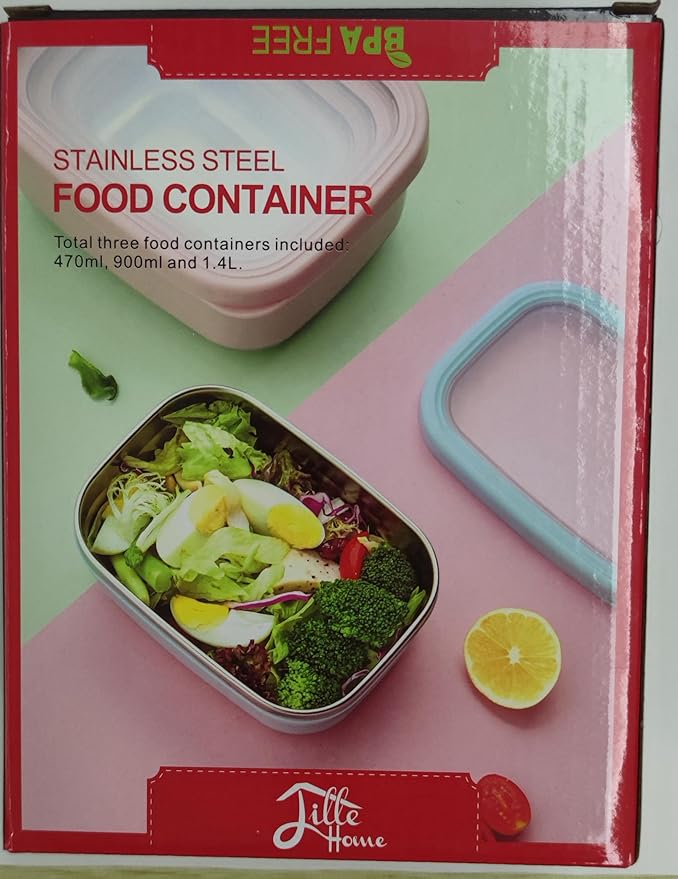 Lille Home Leak Proof Stainless Steel Lunch Snack Containers Set - Ideal for Educational Settings and Daycare - Nesting Trio with Silicone Lids - 47oz+30oz+16oz - Pink