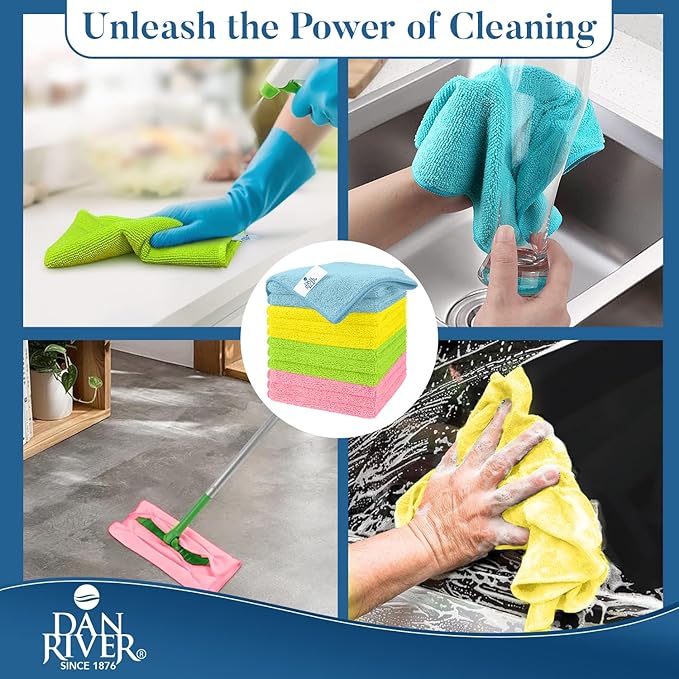 DAN RIVER 24-Pack Microfiber Towels โ Ultra Absorbent, Lint-Free & Streak-Free Rags for Cleaning House, Car & Kitchen - Must-Have Cleaning Essentials - 12" x 12" - Assorted