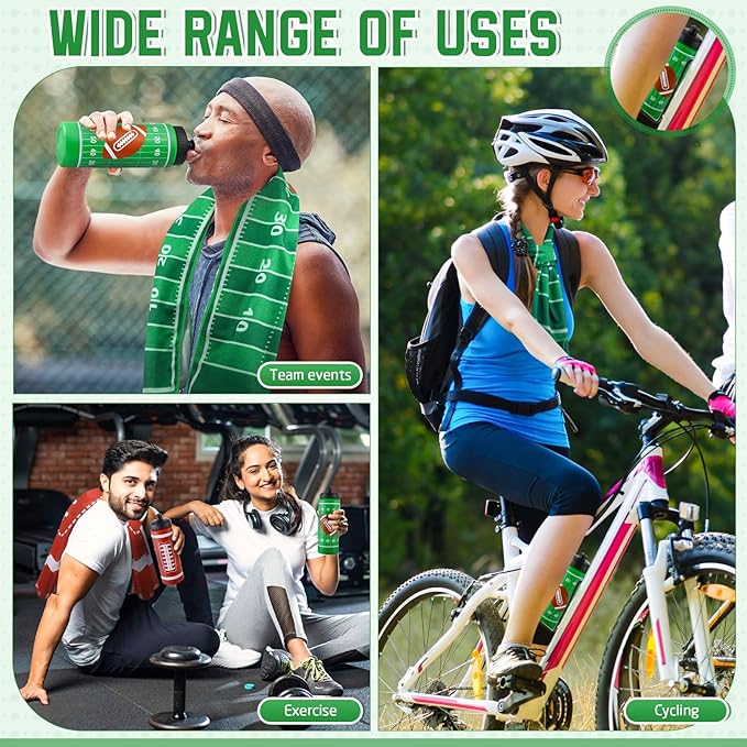 12 Pcs Football Water Bottle Football Cooling Towel Set with 50 Sticker Sports Party Favors Include 6 Reusable Sports Squeeze Water Bottle 6 Ice Towel Breathable Fast Drying for Team Gifts