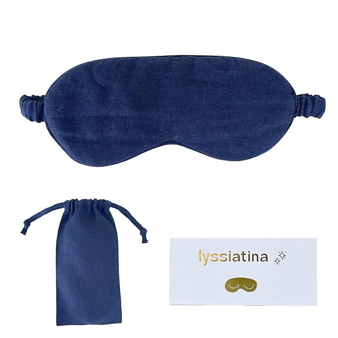 Sleep Mask Pure Linen Eye Mask, with Elastic Band,Comfort Sleeping Shade for Nighttime Sleeping, Traveling & Napping,Side Sleeper Eye Cover Cooling with Travel Bag Gift Package(Navy)
