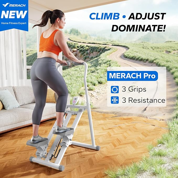 MERACH Stair Stepper for Home Gym Exercise, New Version Stairmaster for Full-Body Workout, Compact Folding Stair Climber with Extended Step Range, Adjustable Handlebar/Pedal