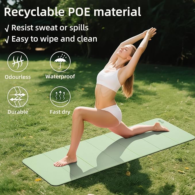 1/2inch Extra Thick Foldable Yoga Mat with SGS Certified Odourless POE Material - Light Weight Non Skid Easy to Clean Travel Workout Excercise Mat, 71x24inch