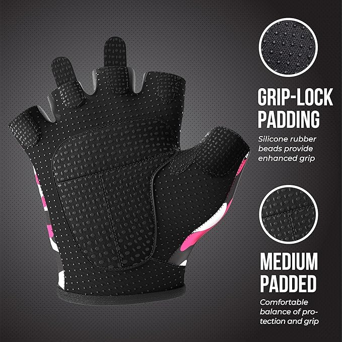 5217 Women's Design Series Camo Print Lifting and Rowing Gloves (Pair) - Lightweight Vegan Medium Padded Microfiber Amara Leather w/Griplock Silicone