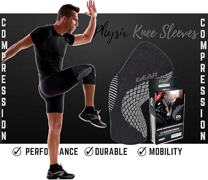 Physix Gear Knee Compression Sleeve for Men & Women - Best Compression Knee Brace for Walking, Running, Gym, Basketball, Weightlifting,Workout, Sports - Knee sleeves Support Compression & Stability