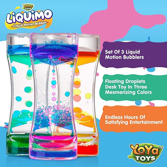 YoYa Toys Liquimo - Liquid Motion Bubbler - 3 Pack - Sensory Fidget Desk Toy for Kids & Adults - Relaxing Hourglass Timer Tubes - Calming Visual Play for School, Home, Office, Stress Relief and Focus