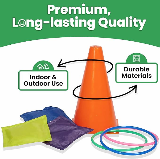 Prextex Multicolored 3-in-1 Yard Game Set - Ring Toss Game, Bean Bags, Cones - Outdoor Toys for Toddlers & Kids, Children's Indoor Play, Family Fun Carnival Games, Kids Party Cornhole Set, Lawn Games