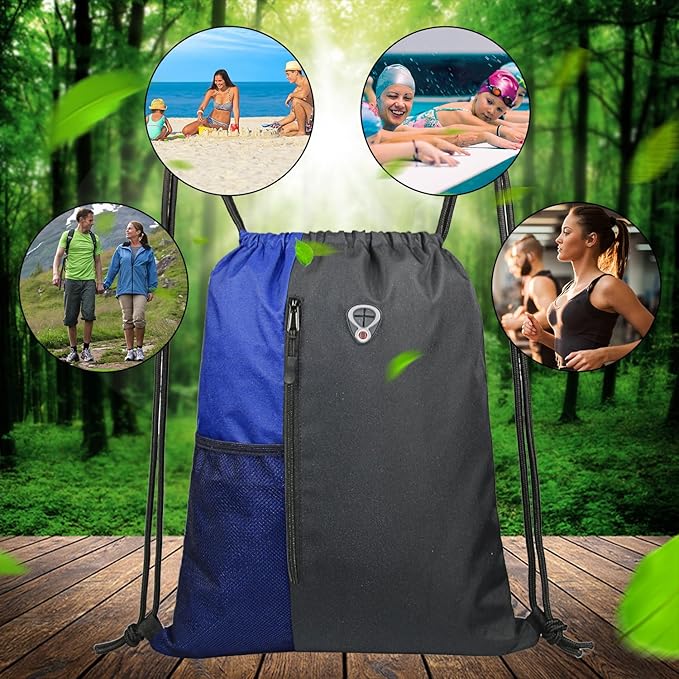 BeeGreen Royalblue Drawstring Backpack Gym Bag For Men & Women – Sports Sackpack with Mesh Water Bottle Holder & 2 Zippered Pockets – Large 16x20 Inch Cinch String Backpack
