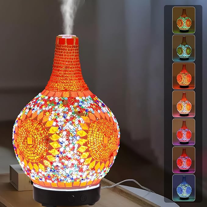 Mosaic Glass Diffuser, Tiffany Aromatherapy Diffuser 7 Color Changing Turkish LED Cold Air Diffuser Sunflower Moroccan Essential Oils for Diffusers for Home Office