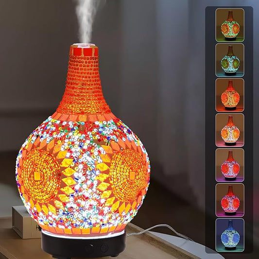 Mosaic Glass Diffuser, Tiffany Aromatherapy Diffuser 7 Color Changing Turkish LED Cold Air Diffuser Sunflower Moroccan Essential Oils for Diffusers for Home Office