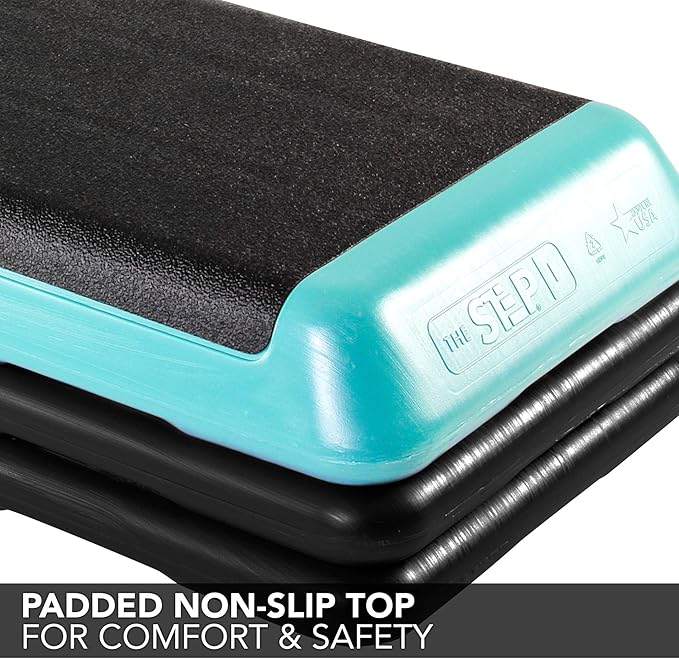 The Step (Made in USA) Original Aerobic Platform – Health Club Size – With Four Original Risers (Teal Platform with Black Risers), One Size
