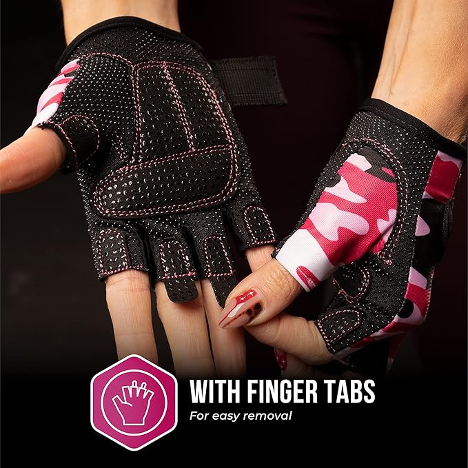 5217 Women's Design Series Camo Print Lifting and Rowing Gloves (Pair) - Lightweight Vegan Medium Padded Microfiber Amara Leather w/Griplock Silicone