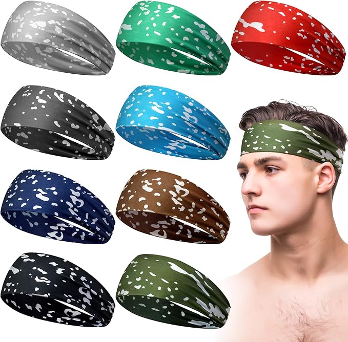 9 pcs Sweatbands for Men Workout Sport Headbands for Men Camo Headband Sweat Absorbing Headband Wide Sweatband for Head Basketball Football Cycling Running Yoga, 4.7 x 9.8 Inch