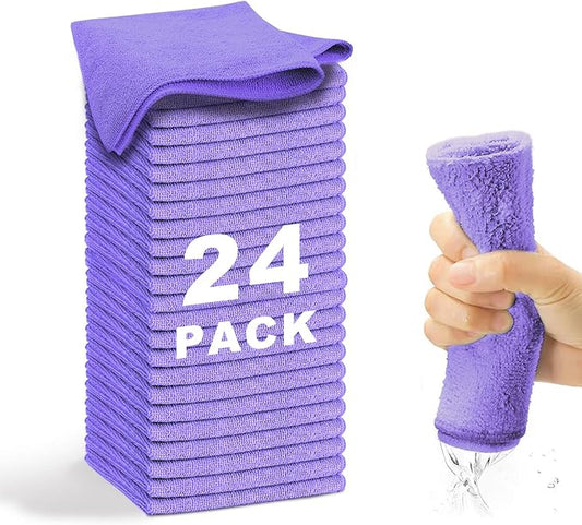 Microfiber Cleaning Cloth-24Pcs (13x13 inch) Ultra Soft Highly Absorbent Rags for Housekeeping-Machine Wash (Purple)
