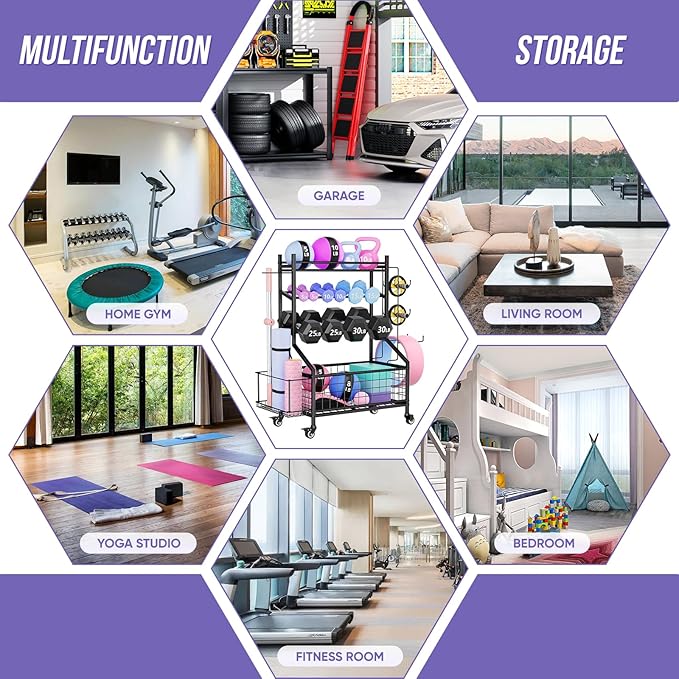 WUC Adjustable Dumbbell Rack, Weight Rack for Home Gym Storage, All-in-One Workout Equipment Storage with Wheels and Hooks for Dumbbells, Kettlebells, Yoga Mats & Balls, Durable Powder Coated Steel