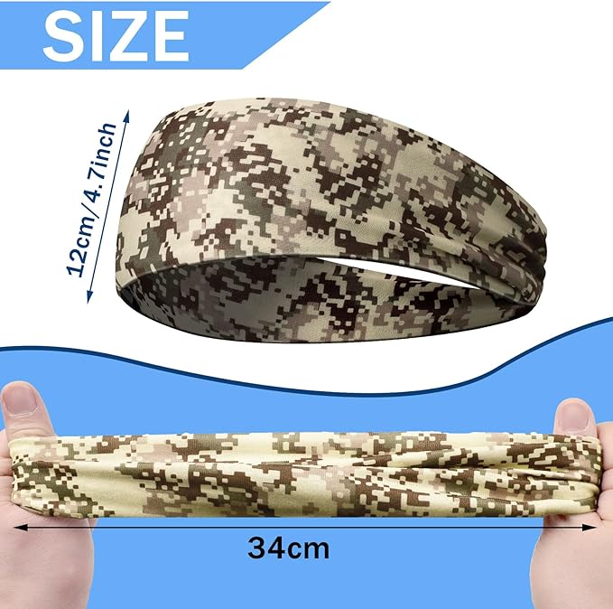 9 pcs Sweatbands for Men Workout Sport Headbands for Men Camo Headband Sweat Absorbing Headband Wide Sweatband for Head Basketball Football Cycling Running Yoga, 4.7 x 9.8 Inch