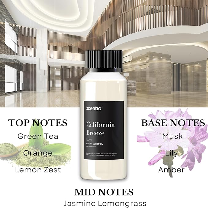 Hotel Diffuser Oil Inspired by The Delano Beach Club Hotel Scent - 120 mL 4.06 fl oz - Fragrance Oil Blend Orange, Green Tea & Jasmine for Aromatherapy Diffusers - California Breeze