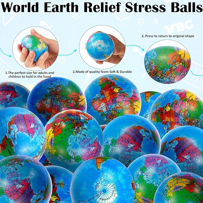 96 Pcs Globe Squeeze Balls Bulk,2 inch Earth Stress Relief Balls,Soft Foam Stress Ball Toy for Finger Exercise, Foam Squeezable Balls Classroom School Office Party Favors