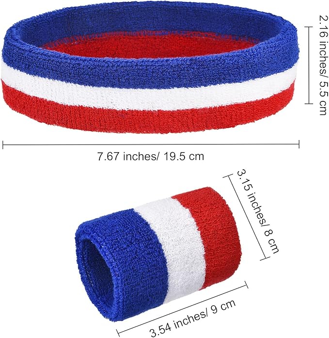Bememo 15 Pcs Red White and Blue Sweatband Set for Men Women USA Striped Headband Football Wristband Sports Neon Accessories for 80s Costumes Cosplay Party Youth Basketball Tennis Running