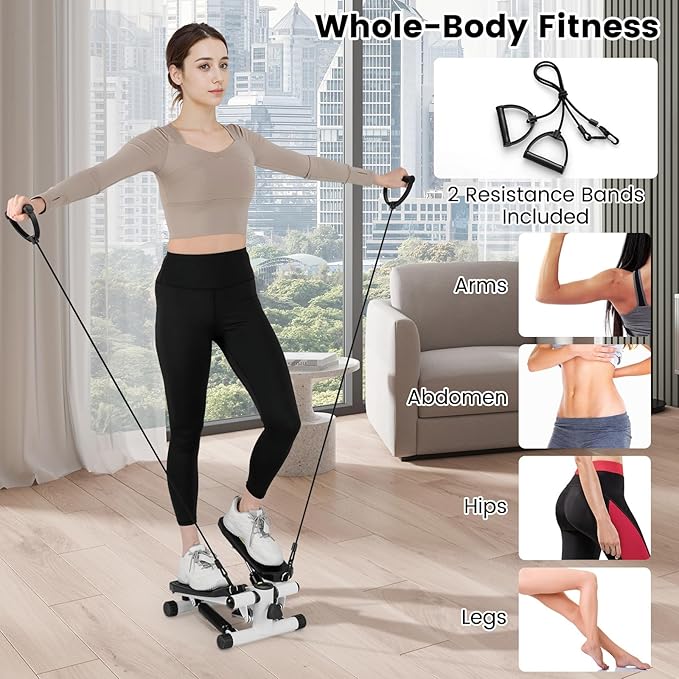 GYMAX Steppers for Exercise at Home, Hydraulic Mini Stair Stepper with Resistance Bands & LCD Monitor, Portable Under Desk Cardio Equipment Step Machine for Home Gym