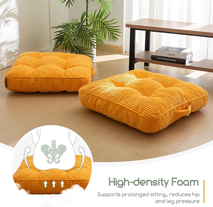 Washable Floor Pillow Cushion for Adults, Meditation Cushion Pillow, Large Square Floor Sitting, Removable Tufted Corduroy Cover, for Tatami Living Room or Yoga, 22x22 Inch, 2Pack, Machine Washable