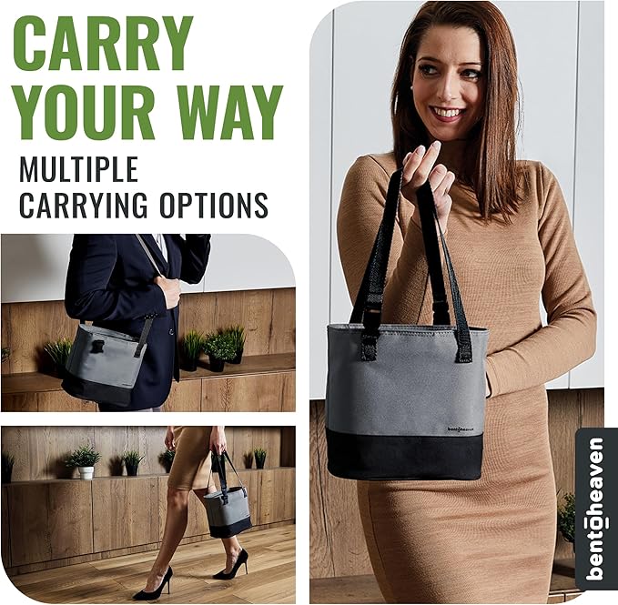 Bentoheaven Insulated Lunch Tote for Work - Durable Materials, Variable Strap/Handle, Wide Opening - Cooler Lunch Bag for Women & Men - Fits all major Bento Lunch Boxes and Other Containers (Gray)