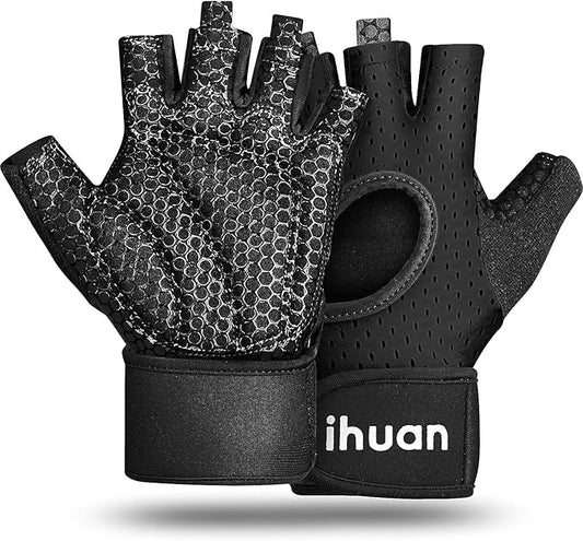 ihuan Breathable Weight Lifting Workout Gym Gloves: Fingerless Exercise Wrist Support | Enhance Palm Protection | Extra Grip for Fitness |Training | Rowing | Pull-ups
