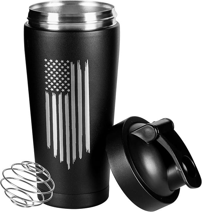 Military Gift Shop 24oz American Flag Insulated Shaker Bottle with Engraved Torn USA Flag Design with Ball | American Flag Gifts | Flag Shaker Cup