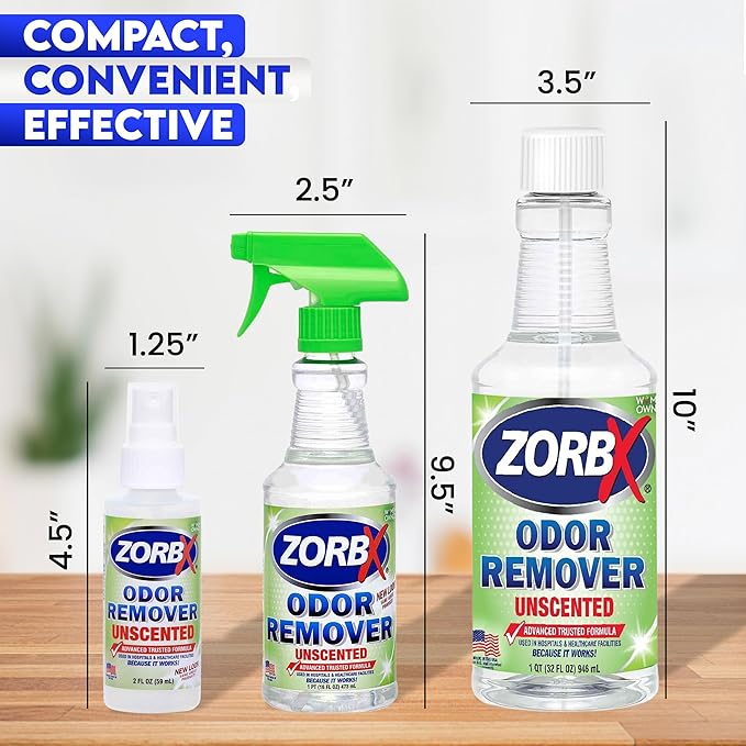 ZORBX Unscented Multipurpose Odor Eliminator 3 items Bundle: 2 Oz + 16 Oz + 32 Oz - Used in Hospitals & Healthcare Facilities - Advanced Trusted Formula - Perfect Bundle to Get Rid of Unpleasant Odors