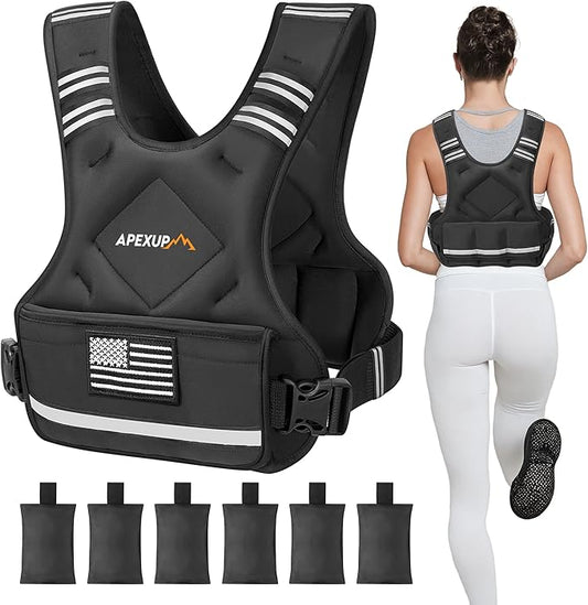 APEXUP Adjustable Weighted Vest, 4-10lb/12-18lb/20-32lb Vest with 6 Ironsand Weights and Large Pocket, Weight Vest for Men Women Strength Training, Running, Walking