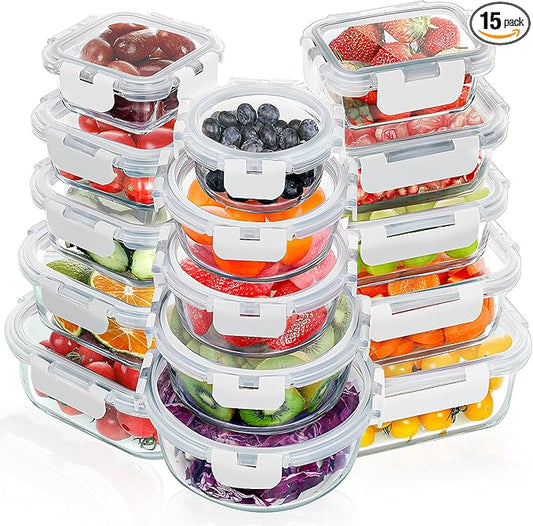 VERONES 30 Pieces Glass Meal Prep Containers Set, Stackable Glass Food Storage Containers with Lids-Airtight Lunch Containers,for Microwave, Oven, Freezer & Dishwasher,White