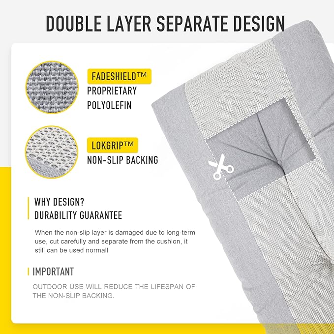 SUNROX LokGrip Non Slip Tufted Memory Foam Bench Cushion, FadeShield Water Resistant Durable Thicken Outdoor/Indoor Bench Seat Pads 59x16x4 inch, Heather Grey