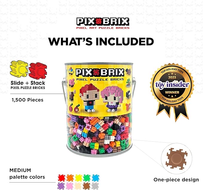 Pix Brix Pixel Art kit Puzzle Bucket - 1,500-Piece Kit with 10-Color Medium Palette – Patented Interlocking Building Bricks for 2D and 3D Creations – STEM Toy for Ages 6+