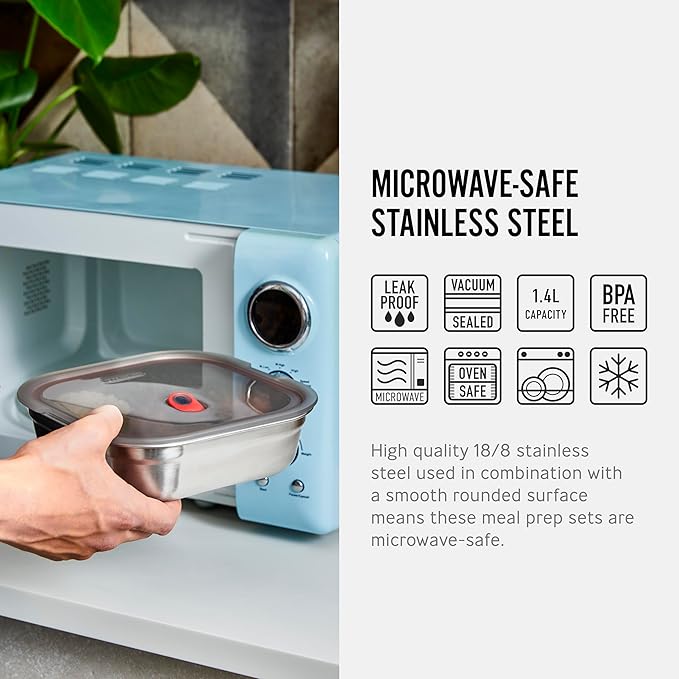 BLACK + BLUM Lunch Box - Meal Prep Containers Reusable for Picnic & Camping - Microwavable Stainless Steel Lunch Dinner Food Storage Box with Leak Proof Lid - Dishwasher Oven Safe - Small Square 37oz